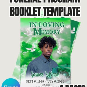 Canva Funeral Program Template - Editable 4-Page Obituary Booklet- Green