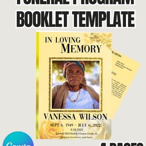 Yellow Funeral Program Template for Canva - 4-Page Memorial Booklet - Editable Obituary Template - In Loving Memory Keepsake