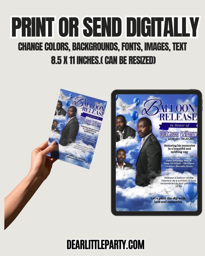 Memorial Balloon Release Flyer Template: Editable Canva Funeral Poster (Digital Download 8.5x11 in) image 3