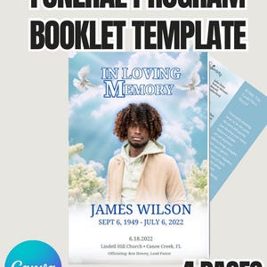 Blue Funeral Program Template - 4-Page Memorial Booklet