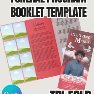 Red Funeral Program Template - Tri-Fold Obituary Booklet for Memorial Service
