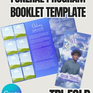 Blue Funeral Program Template for Canva - TriFold Obituary Booklet - Bold Memorial Service Program - Editable In Loving Memory Template
