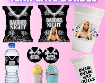 Lot Baddie Birthday Party : modèles numériques sur toile (sacs à chips, gobelets)
