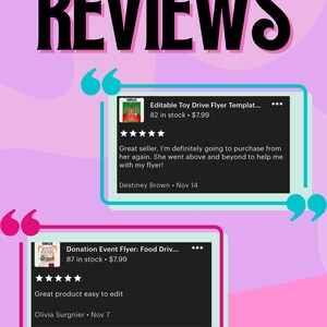 three reviews of a toy drive flyer template, with a pink and purple background. The reviews are written in black text and include quotes from customers who have used the template.