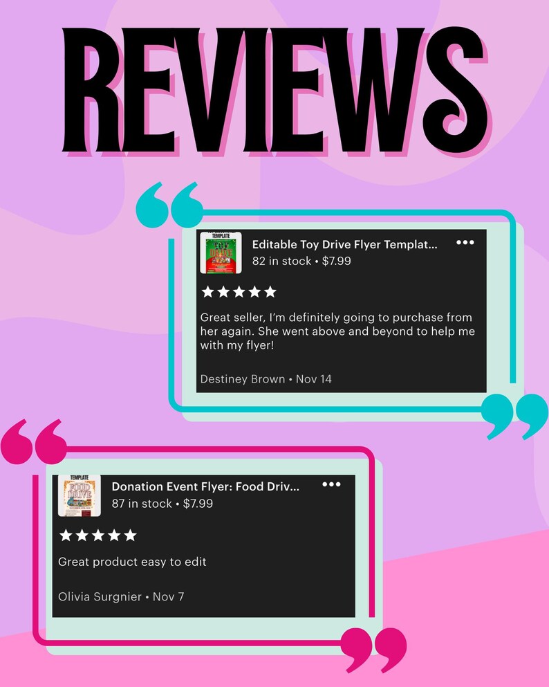 three reviews of a toy drive flyer template, with a pink and purple background. The reviews are written in black text and include quotes from customers who have used the template.