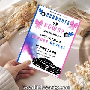 Burnouts or Bows Invitation: Gender Reveal with Racing Tires, Pink & Blue