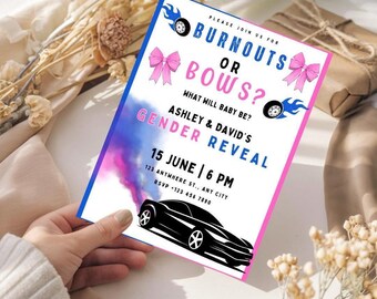Uitnodiging Burnouts of Bows: gender Reveal met racebanden, roze en blauw