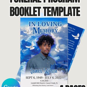 Sjabloon voor blauw uitvaartprogramma: 4 pagina's herdenkingsboekje (canva bewerkbaar, digitale download)