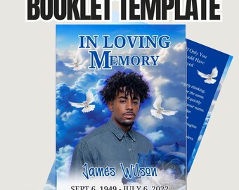 Plantilla de programa funerario azul: Folleto de servicio conmemorativo de 4 páginas (editable en Canva, descarga digital)
