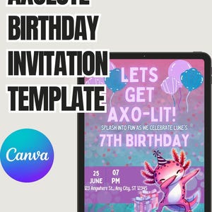 Birthday Invitation Template: Cute Axolotl Art - Editable Canva Card image 2