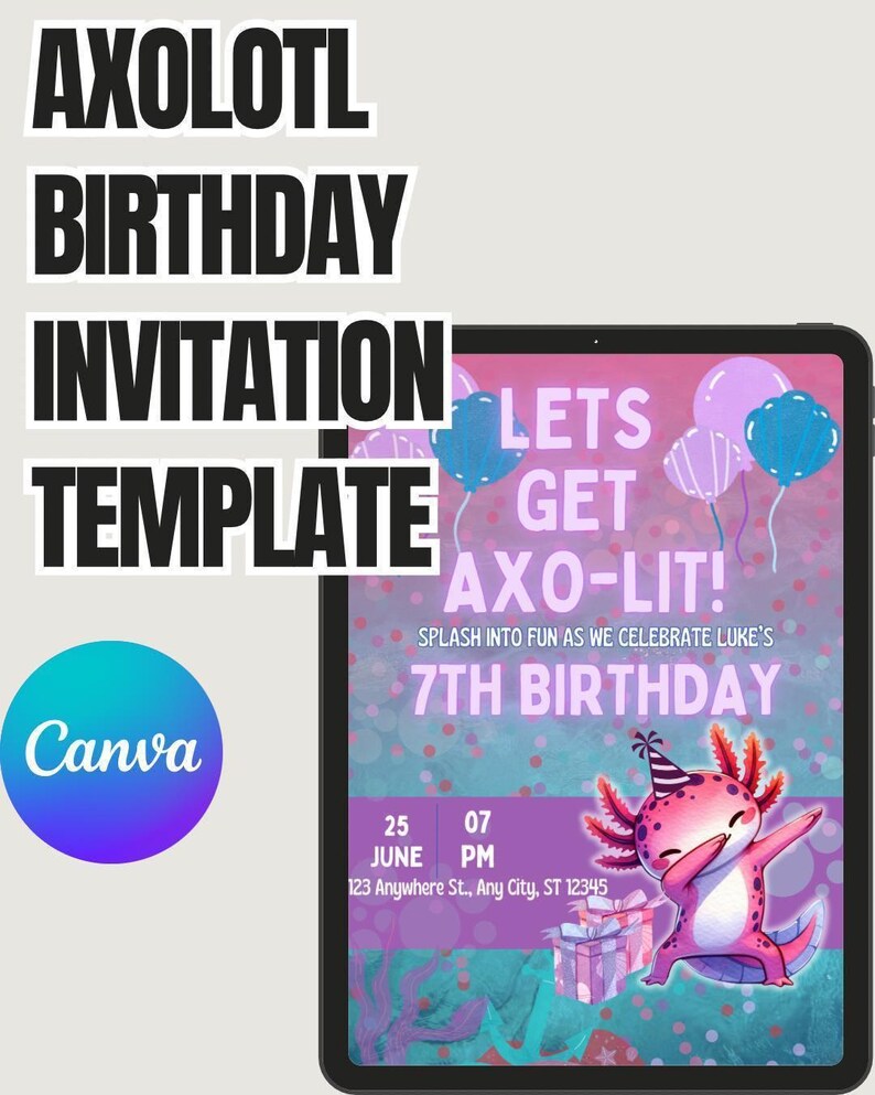 Birthday Invitation Template: Cute Axolotl Art - Editable Canva Card image 2