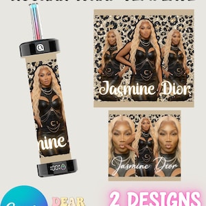 Puede incluir: Un diseño de plantilla de envoltura de cachimba con el texto "HOOKAH WRAP TEMPLATE". El diseño incluye imágenes de una mujer con un atuendo negro, con el texto "Jasmine Dior" y "2 DESIGNS INCLUDED". También está presente el logotipo de Canva.