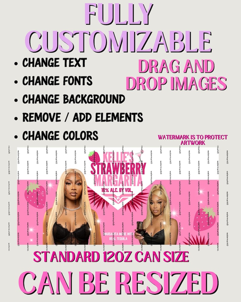 May include: A pink and white customizable design for a can, featuring text and images. The design includes the words "FULLY CUSTOMIZABLE" and "STRAWBERRY MARGARITA". It also includes the text "CHANGE TEXT", "CHANGE FONTS", "CHANGE BACKGROUND", "REMOVE / ADD ELEMENTS", "CHANGE COLORS", "DRAG AND DROP IMAGES", "STANDARD 12OZ CAN SIZE", and "CAN BE RESIZED".