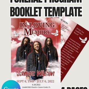Red Funeral Program Template for Canva - 4-Page Memorial Booklet