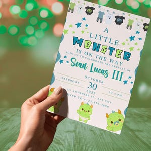 Inbjudan till babyshower, monstertema, redigerbar canvas, 5x7