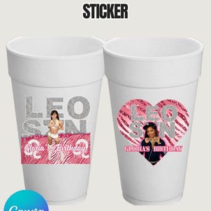 two white foam cups with personalized birthday stickers on them.