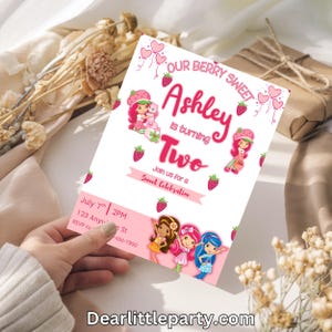 Strawberry Shortcake Birthday Invitation  Editable Canva Template
