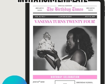 Newspaper Birthday Invitation Template  Editable Canva Invite  Vintage Style 2 Designs Included