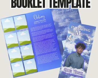 Blue Funeral Program Template for Canva - TriFold Obituary Booklet