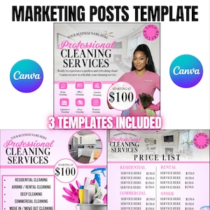 May include: A marketing template for a cleaning business, featuring a pink and white design. The template includes the text "Professional Cleaning Services" and offers various cleaning services. The starting price is $100.