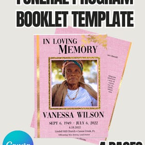 Pink Funeral Program Template -  Editable 4-Page Memorial Booklet with Photos