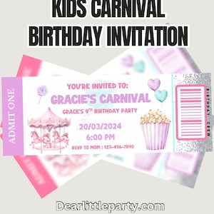 Carnival Birthday Invitation Template - Editable Ticket Style Kids Party Invite