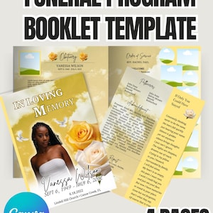 Yellow Funeral Program Template for Canva - 4-Page Memorial Booklet - Editable Obituary Template - In Loving Memory Keepsake