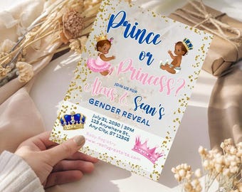 Faire-part dévoiler le sexe royal : modèle sur toile prince ou princesse scintillant doré (téléchargement numérique