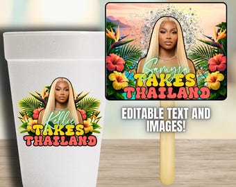 Ensemble d'autocollants pour éventail et tasse d'anniversaire, thème tropical (modèles canva modifiables)