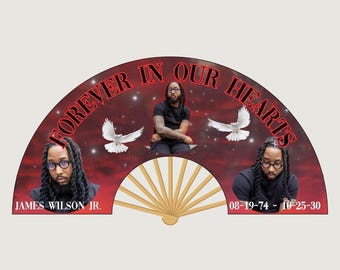 Memorial Hand Fan Template, Red Celestial Design (Editable, Printable)