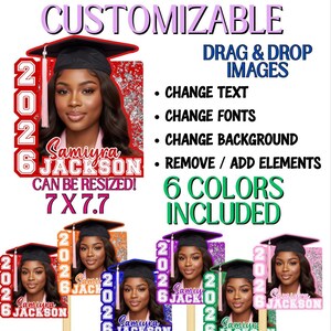 The image is a collage of six graduation-themed images featuring a young woman in a cap and gown.