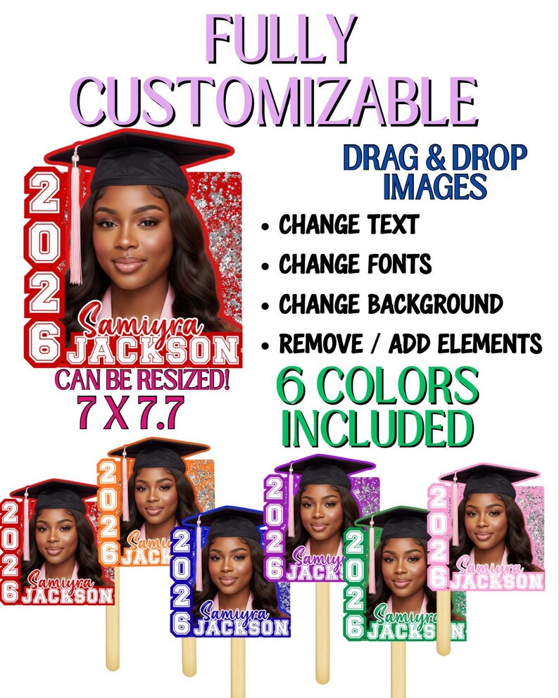 The image is a collage of six graduation-themed images featuring a young woman in a cap and gown.