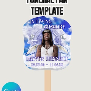 Blue Funeral Paddle Fan Template Canva | Memorial Fan Template with Photo | In Loving Memory Hand Fan | Printable Obituary Keepsake