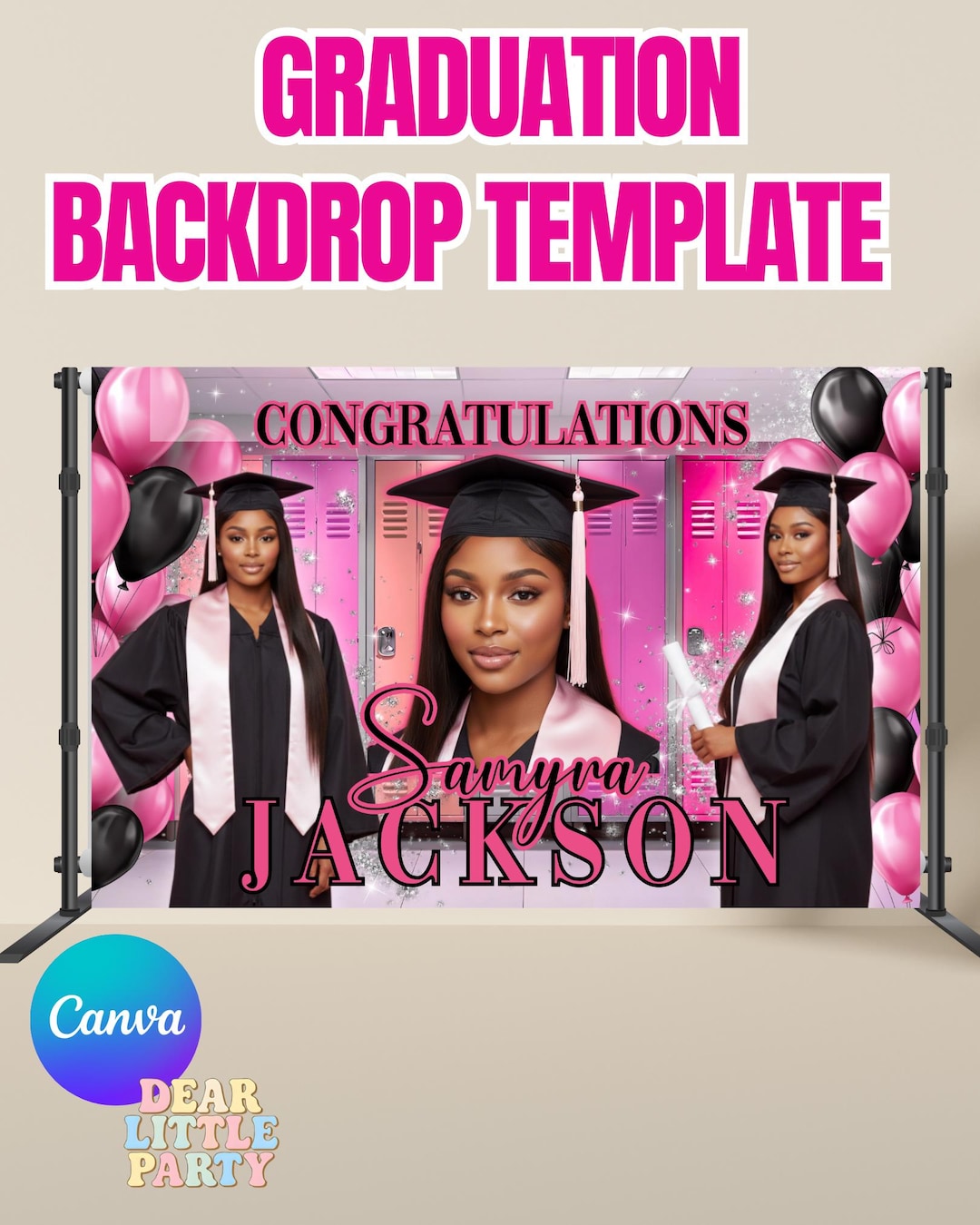 Graduation Party Backdrop Template, Pink Black (editable Canva, 33x21 ...