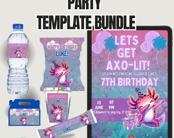 Axolotl Birthday Party Favor Bundle - Editable Canva Templates