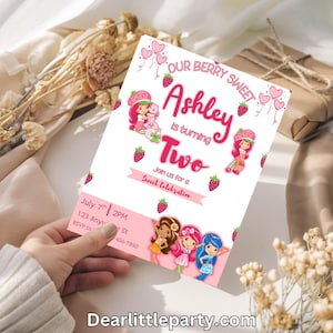 Strawberry Shortcake Birthday Invitation  Editable Canva Template