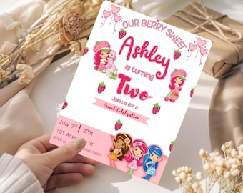 Strawberry Shortcake Birthday Invitation  Editable Canva Template