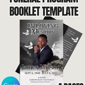Black Funeral Program Template for Canva - 4-Page Memorial Booklet