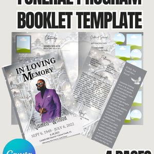 Silver Funeral Program Template for Canva  4-Page Memorial Booklet