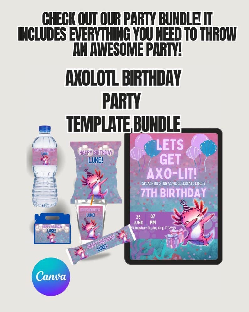 Birthday Invitation Template: Cute Axolotl Art - Editable Canva Card image 4