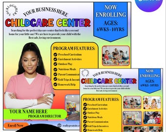 May include: Daycare center marketing posts template with two designs. The templates include program features, enrollment information, and a space for the program director's name. The design features a photo of a woman and children playing.