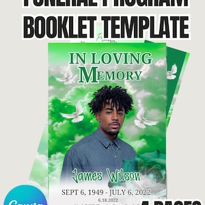 Green Funeral Program Template for Canva - 4-Page Obituary Booklet - Bold Memorial Service Program - Editable In Loving Memory Template
