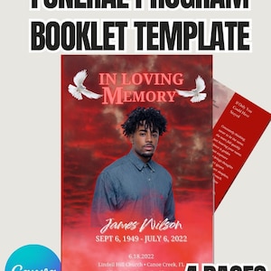 Red Funeral Program Template: 4-Page Memorial Booklet with Dove Design