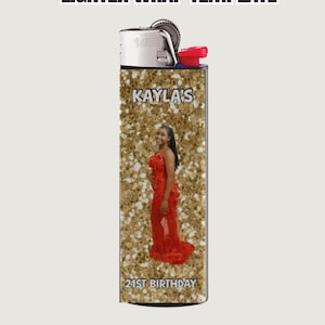 Plantilla para envolver encendedores Bic con purpurina: etiqueta con foto personalizable y editable para recuerdo de cumpleaños
