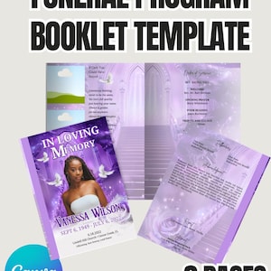 Purple Obituary Program Template -  8 Page Editable Memorial Brochure