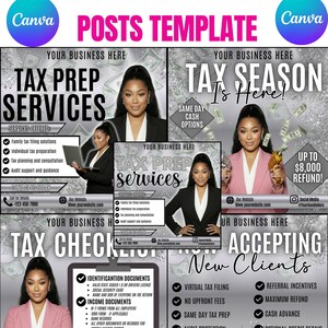 May include: A tax business marketing template with a woman in a blazer. The design includes text such as "Tax Prep Services," "Tax Season Is Here!" and "Accepting New Clients." The template offers various services and benefits.