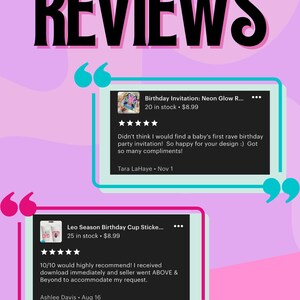 a collection of reviews and comments about a product, specifically a neon glow-in-the-dark party invitation. The reviews are written in a pink and teal color scheme, and the comments are written in a black font. The reviews and comments are arranged in a collage format, with each one containing a quote and a rating. The image does not contain any text that can be transcribed, and the reviews and comments are not described in detail.