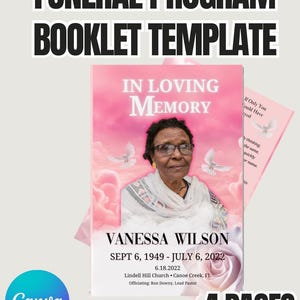 Pink Funeral Program Template - 4-Page Editable Canva Obituary Booklet