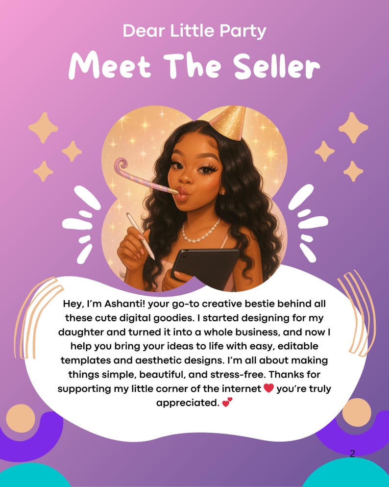 a woman with curly hair wearing a party hat and blowing a horn, surrounded by stars and a purple background.