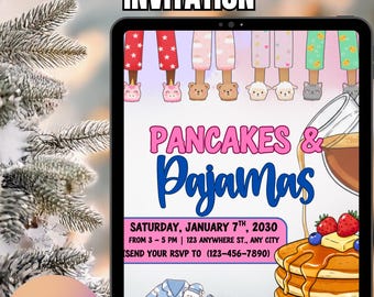 Invitation de crêpes et pyjama, fête d'enfants 5 x 7, toile modifiable, téléchargement numérique